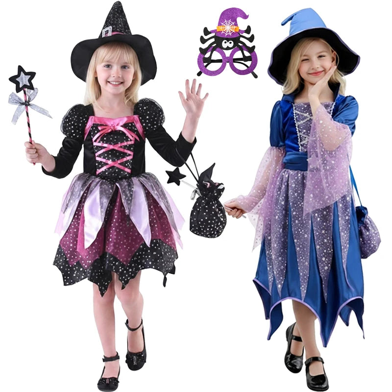 2026 Girls Halloween Cosplay Witch Dress With Hat Bag Costume Carnival Vestidos Kids Party Cosplay Dress Children Costume