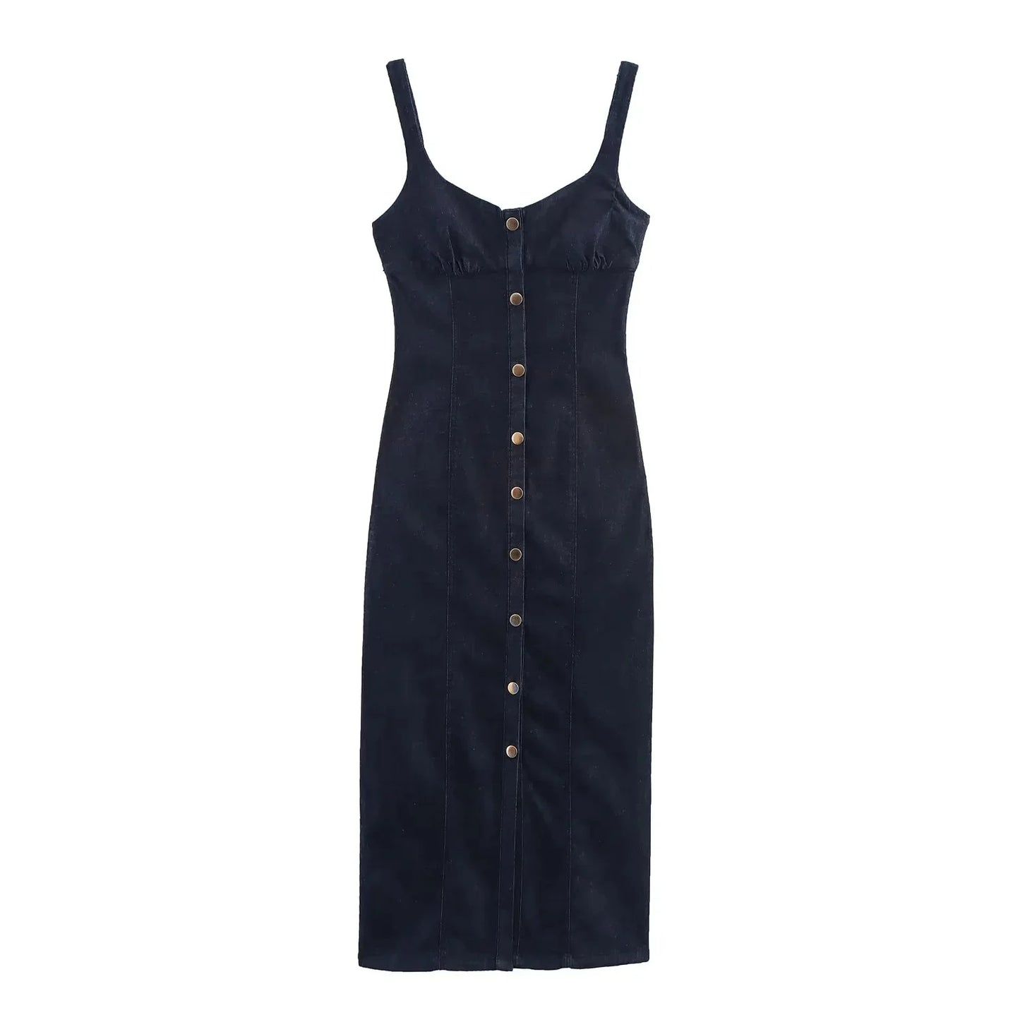 KONDALA Elegant Denim Suspender Dress Women's Single Breasted Hip Wrap Slim Dress 2025 Spring Summer Casual Versatile Lady Dress