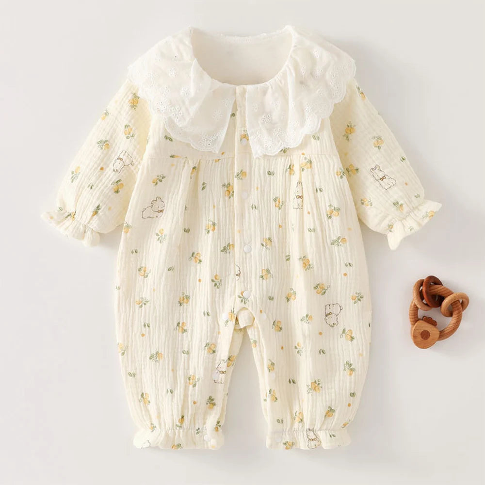 Gauze Baby Rompers Girls Floral Dot Print Peter Pan Collar Newborn Clothing Spring Autumn Infant Girl Long Sleeve Jumpsuit