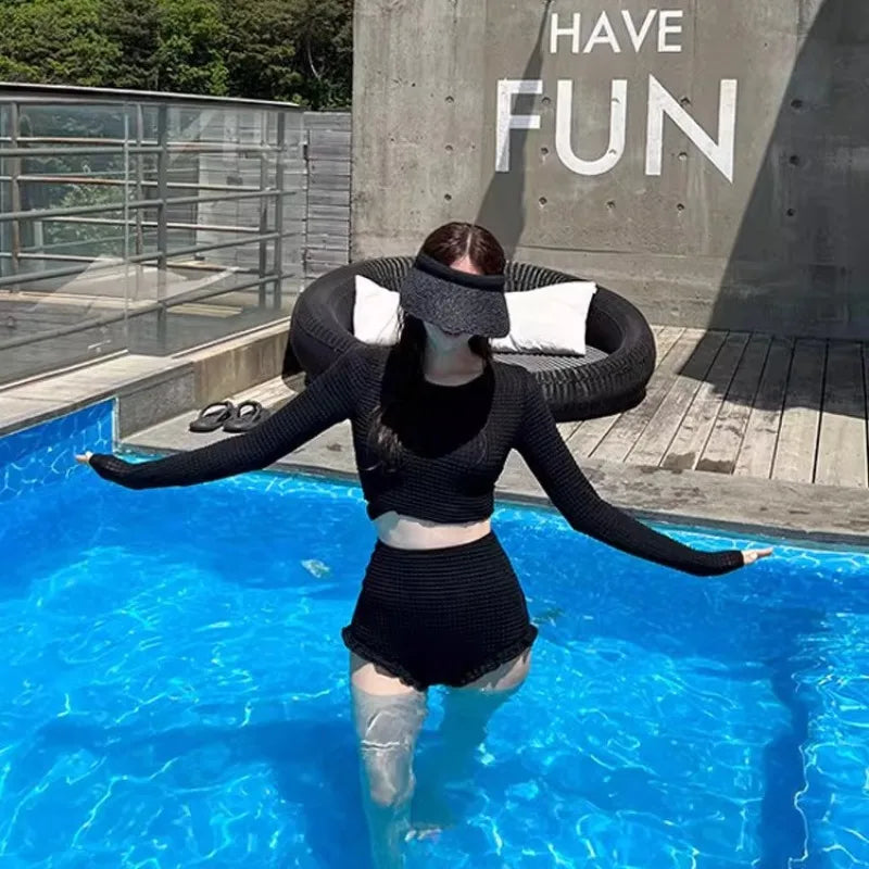 Women's Long Sleeve Conservative Swimsuit Sexy Slim High Waist Tummy Control Fashion Textured Waffle Bathing Suit New Arrival