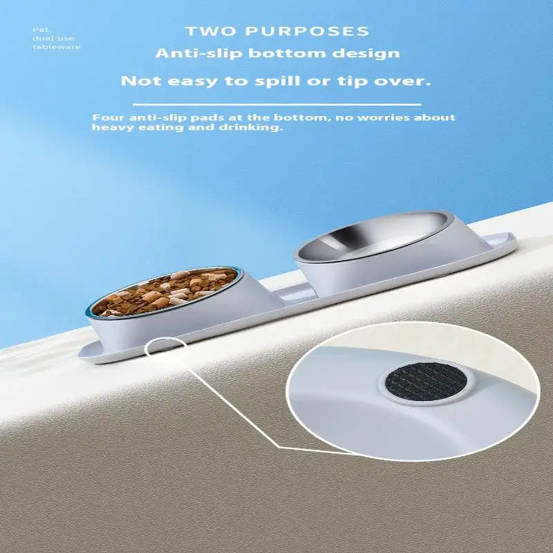1pc Stainless Steel Double Cat Dog Bowl Cat Food Container Non-slip Base Pet Water Feeder Tilt Safeguard Neck Puppy Cats Bowls