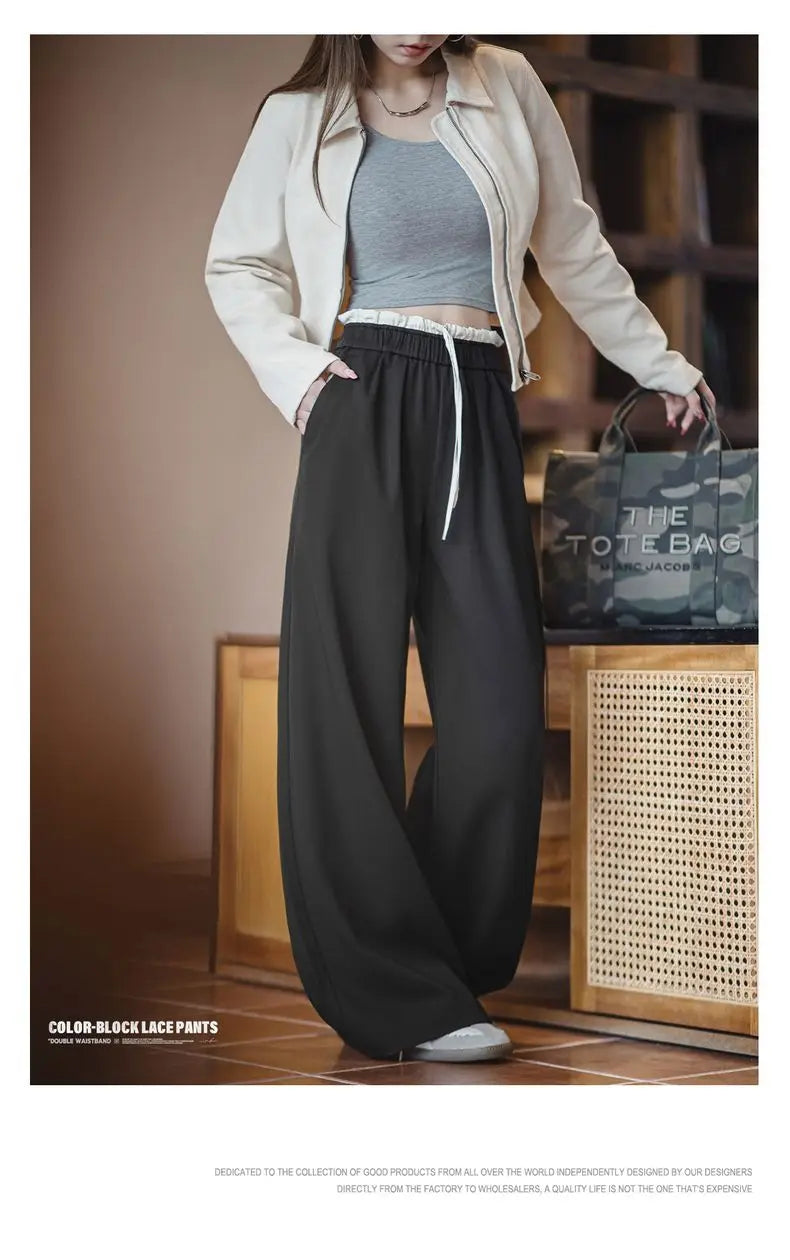 Maden Women's Wide Leg Patchwork Pants Black Elastic Waist with Drawstring Trousers Breathable Office Dress Pants for Summer