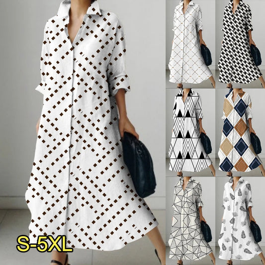 Women's Shirt Dress 2023 Trendy Patchwork Vintage Spot Print Shirt Fall Out Office Dress Loose Casual Lapel Pocket S-5Xl