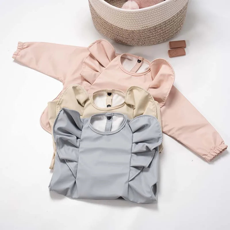 Solid Color Children's Feeding Bib Aprons Waterproof Baby Long-Sleeve Painting Smock with Pocket Easy Clean Bibs for Toddlers