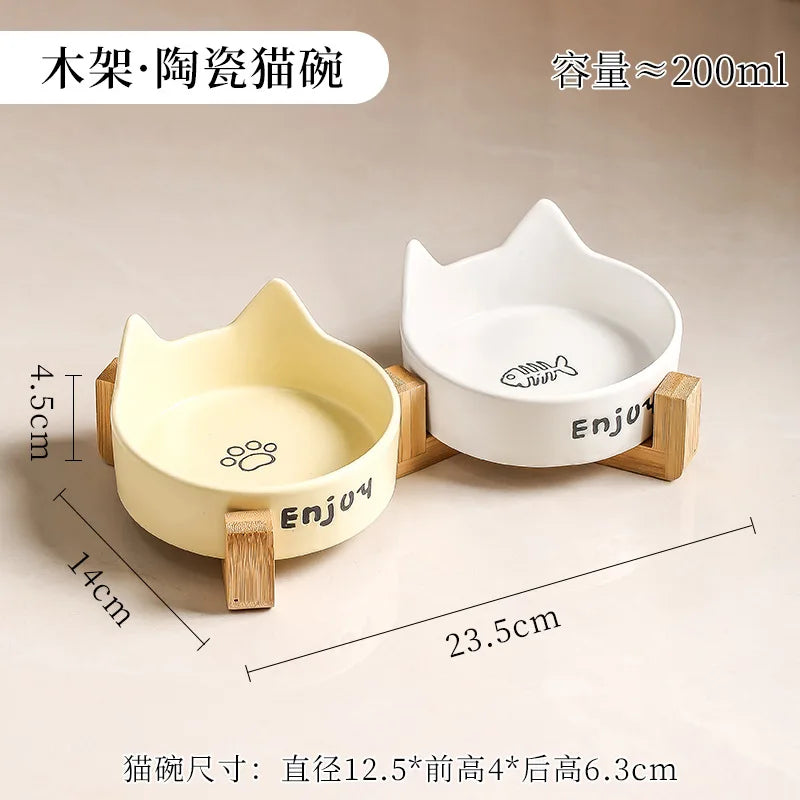 Ceramic Double Bowl Pet Cat Bowl Anti-Slip Heightened Bamboo Table Feeding Bowl Pet Supplies Water Feeders Small Dogs Supplies