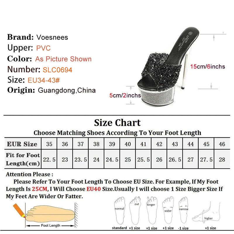 Transparent Platform Crystal Sandals 2024 Summer New Sequin Women Shoes Mules Peep Toe High Heels 15CM Thin High Heeled Slippers