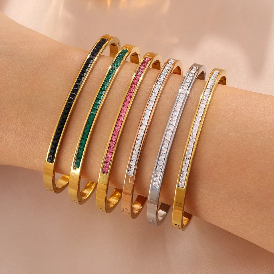 ZAKOL 6 Colors Colorful Geometric Zircon Inlaid Stainless Steel Bracelets for Women Men Versatile Fashion Bohemian Jewelry