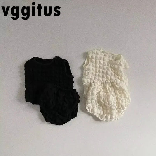 Summer Baby Girls Sets Bubble Grid Round Collar Sleeveless Solid Color Vest Tops+Bread Shorts Fashion Newborn Clothes A15613