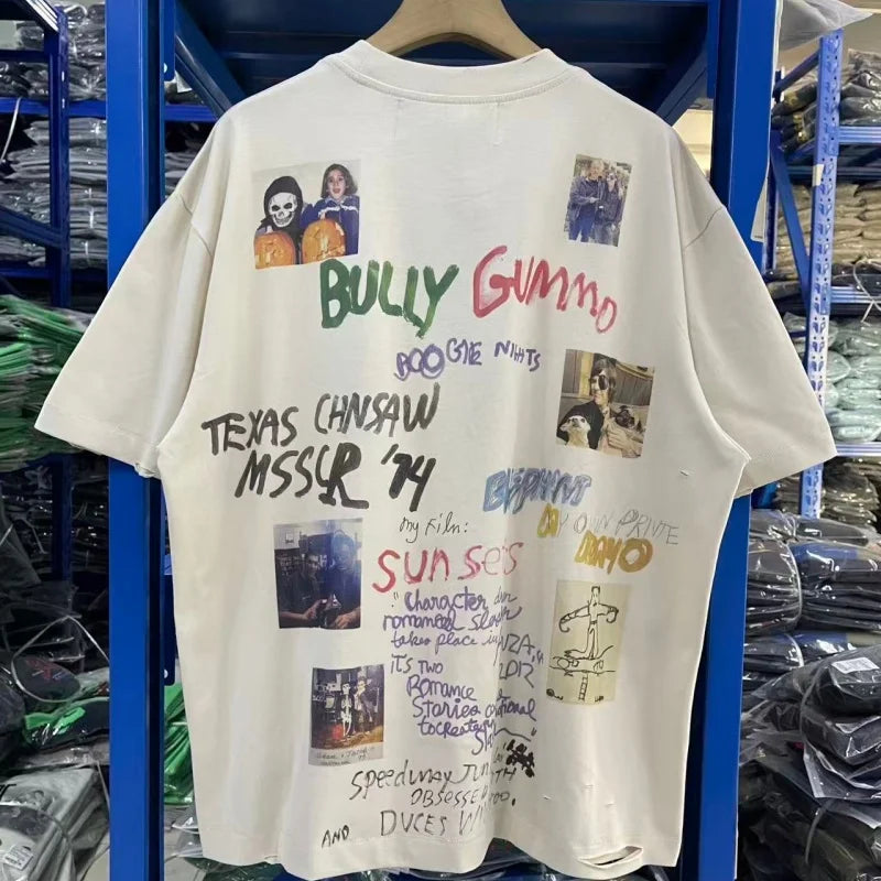 Men's Vintage Movie Print T-Shirt Paly Washed Graffiti Streetwear Loose Fit Cotton Tee