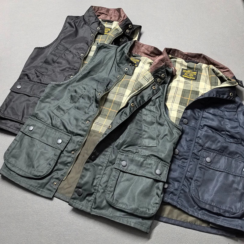 2026 Autumn Winter New American Retro Sleeveless Cargo Vest with Oil Wax Men's Multi-pockets Casual Heavyweight Waterproof Coat