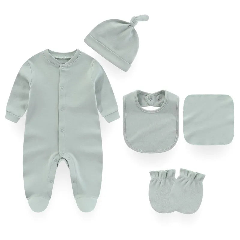 Kiddiezoom 7 Colors Solid Unisex Baby Boy Girl Romper+Burp Cloth+Bib+Hats+Gloves Baby Clothing Sets