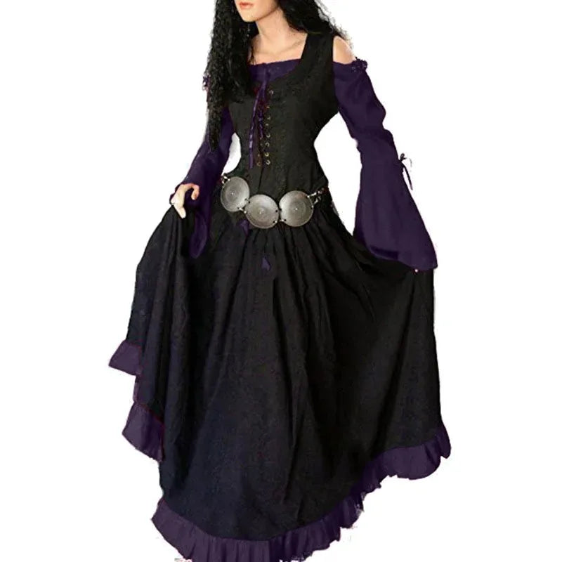 Halloween 2025 Women's Medieval Pirate Retro Slim Dress One-shoulder Large Flared Sleeves Long Skirt Stage Show Cosplay Costumes