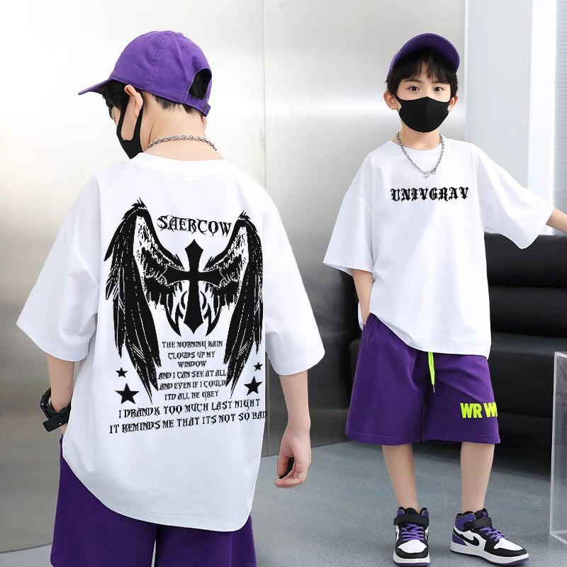 100% Cotton Boys T-shirt Summer Streetwear Cool Graffiti Print Girls Tees Short Sleeve Children Tops High Quality Kids Clothes