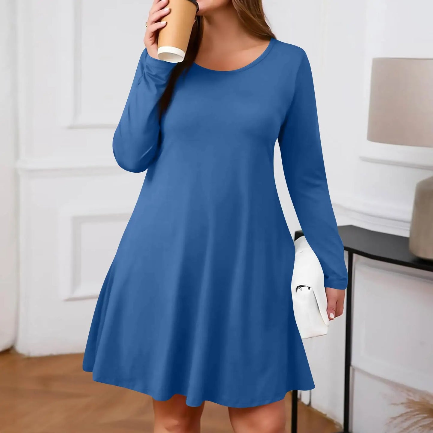 Plus Size Dress for Women Solid-Colour Casual Dress Spring/Autumn Pocket Round Neck Long-Sleeved Dresses vestidos femenino