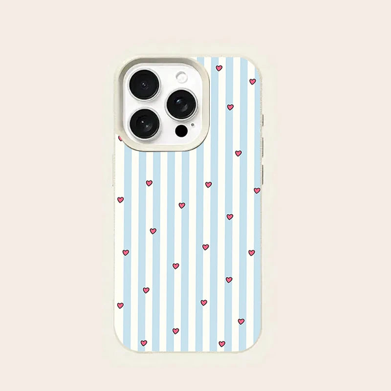Striped Love Heart Pattern Lychee Texture Silicone Phone Case For iPhone 17 16 15 14 13 12 11 Pro Max 15 Plus 17 Air Soft Cover