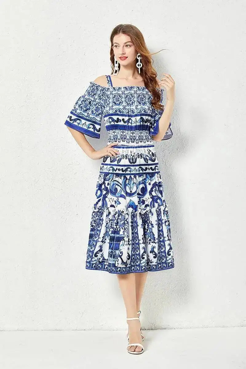 JAMERARY Summer Runway Blue White Porcelain Print Midi Dress Women's Straps Flare Sleeve Elastic Waist Cotton Floral Vestidos