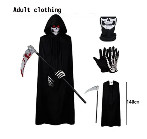 2026Halloween New Party Role Playing Children Adult Death Black Cloak Halloween Skull Ball Costume Prop Set Children Adult Gift