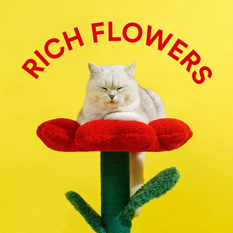 Red Flower Potted Cat Tree with Integrated Cat Bed Below Medium-Sized Cat Tree (Suitable for Cats Under 15 lbs)