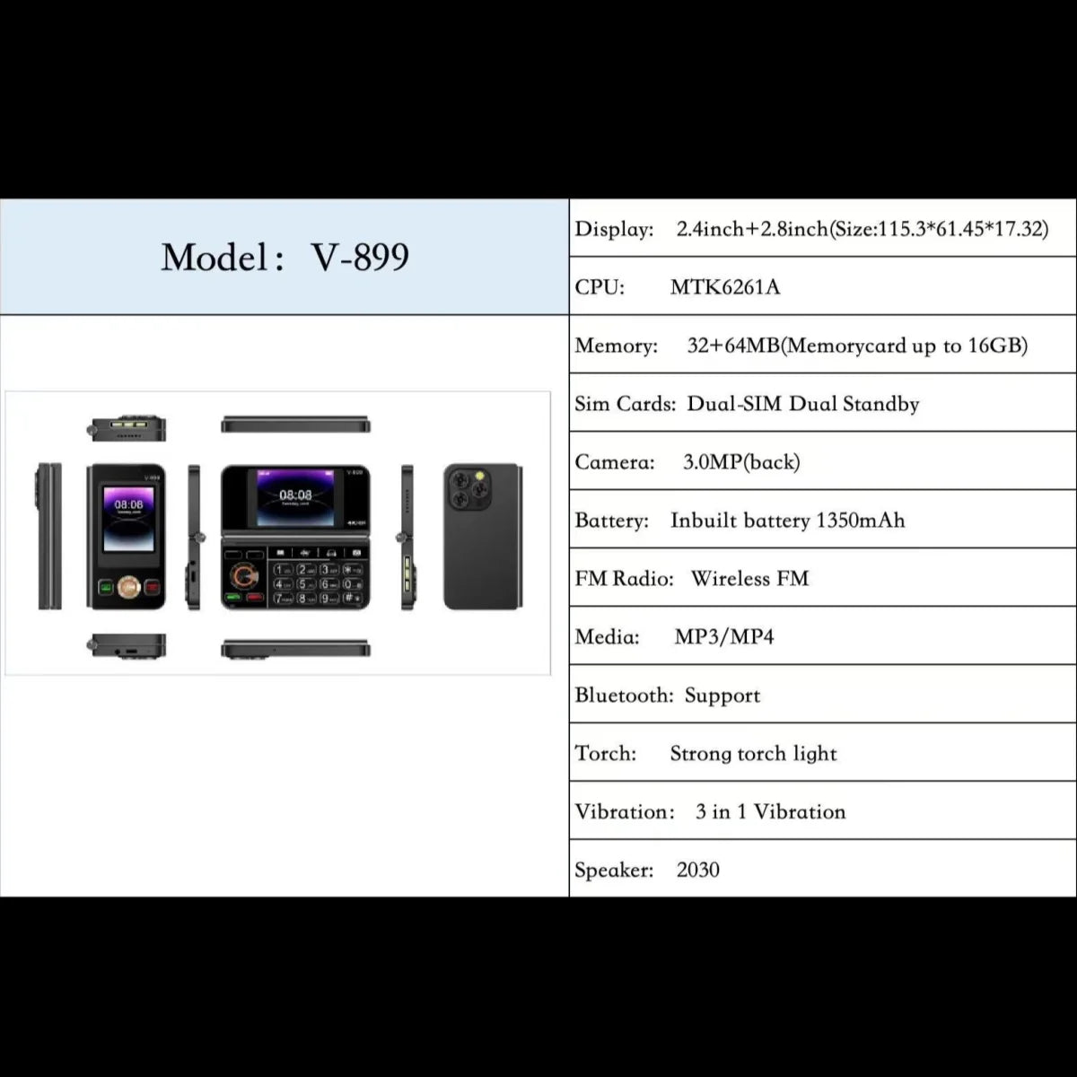 V-899 Bluetooth Folding 2G Cellphone 2.8``2.4``Dual Screen Display MTK6261A 32MB RAM 64MB ROM Dual SIM 3.0MP Type-C Torch Phone