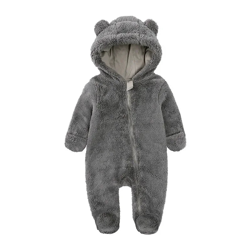 2025 Warm Footed Baby Romper Zipper Closure Fall Newborn Bear Ear Hooded Fuzzy Onesie Outfit Infant Boys Girls 100 Days Jumpsuit