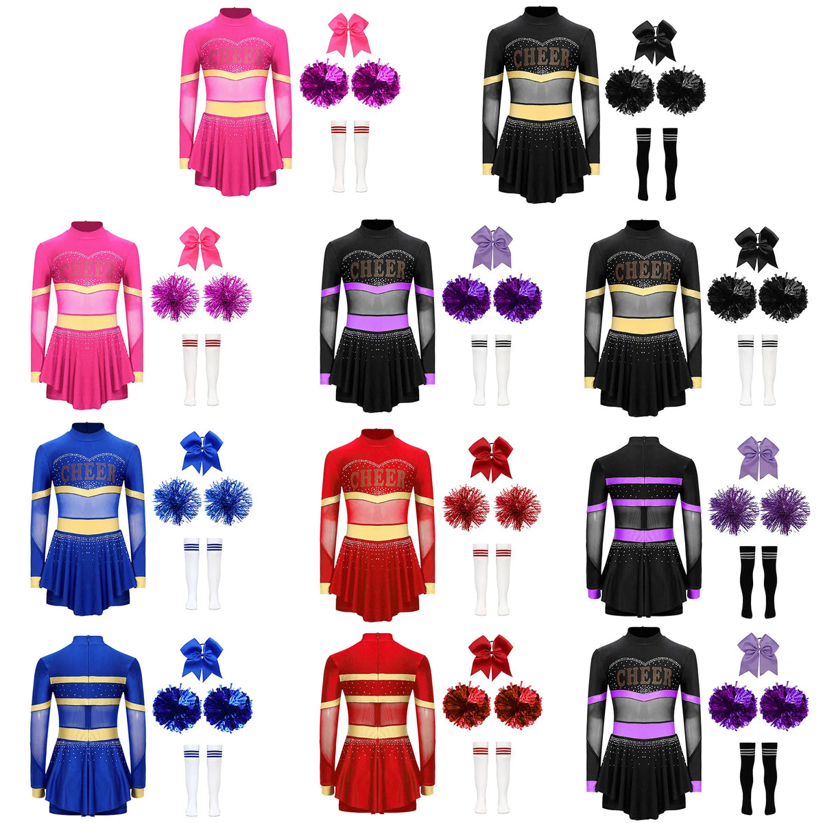 Girls Cheerleader Costume Long Sleeve Cheerleading Uniform Children Cheer Dance Dress Hand Flower Socks Stage Dancewear Sets
