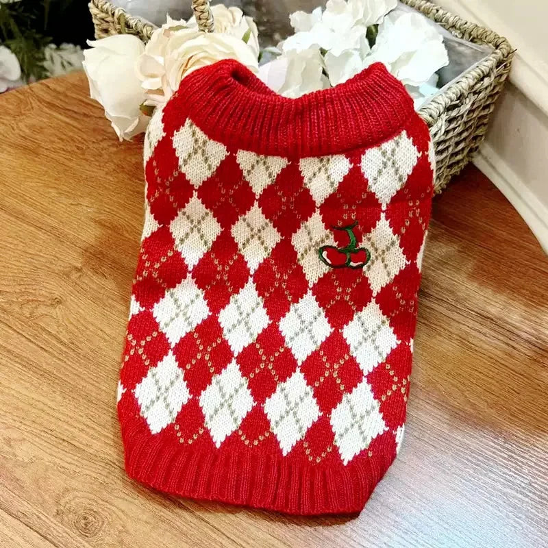 Winter Dog Knit Sweater Soft Dog Clothes Cute Plaid Puppy Sweater Cherry Print Cat Pullovers Pet Warm Turtleneck Poodle Apparel