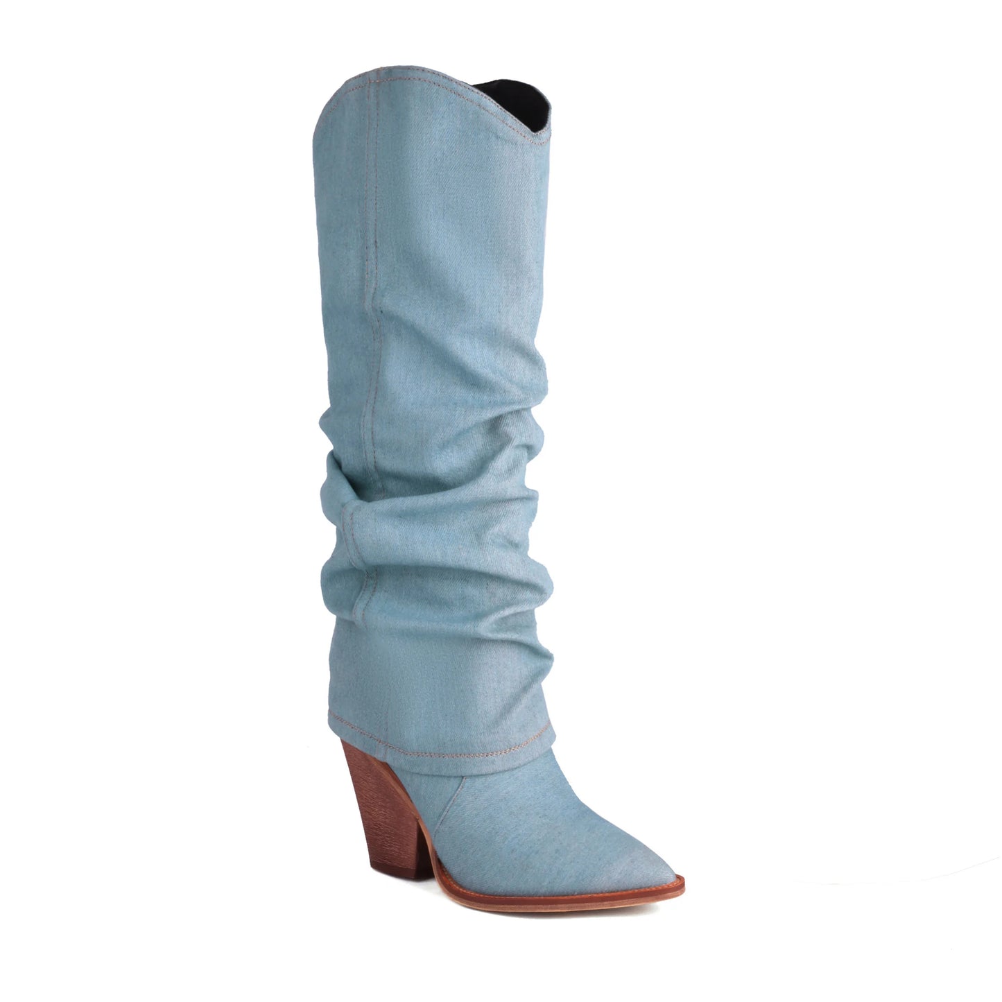 Turned-Over Edge Denim Fashion Sleeve For Women's Knee High Boots Super High Wood Grain Tapered Thick Heel New Winter Boots