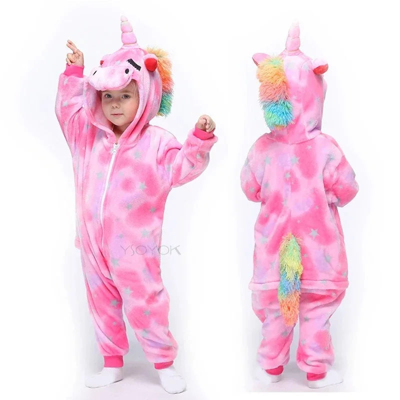 4 6 8 10 12 Years Girls Black Cat Jumpsuits Unicorn Pajamas Kigurumi Toddler Kids Hooded Flannel Home Wear Children Onesie