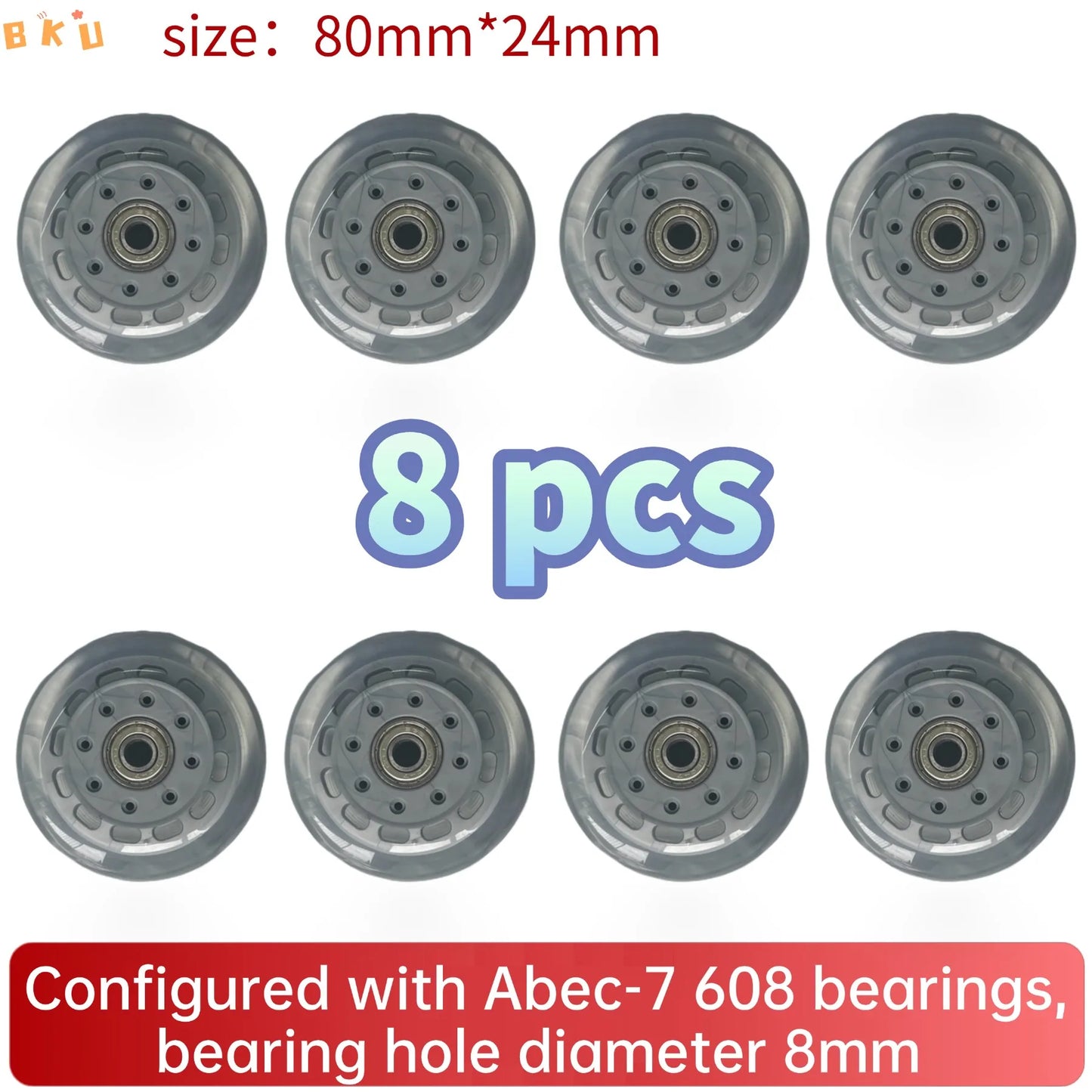 BKU 80mm PU Durable Replacement Wheels (8PCS) - Compatible with Inline Skates Scooters Strollers Suitcases
