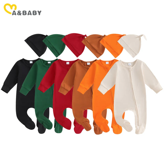 ma&baby 0-6M Newborn Infant Baby Boy Girl Jumpsuit Soft Long Sleeve Zipper Romper + Hat  Fall Spring Baby Outfits Clothing