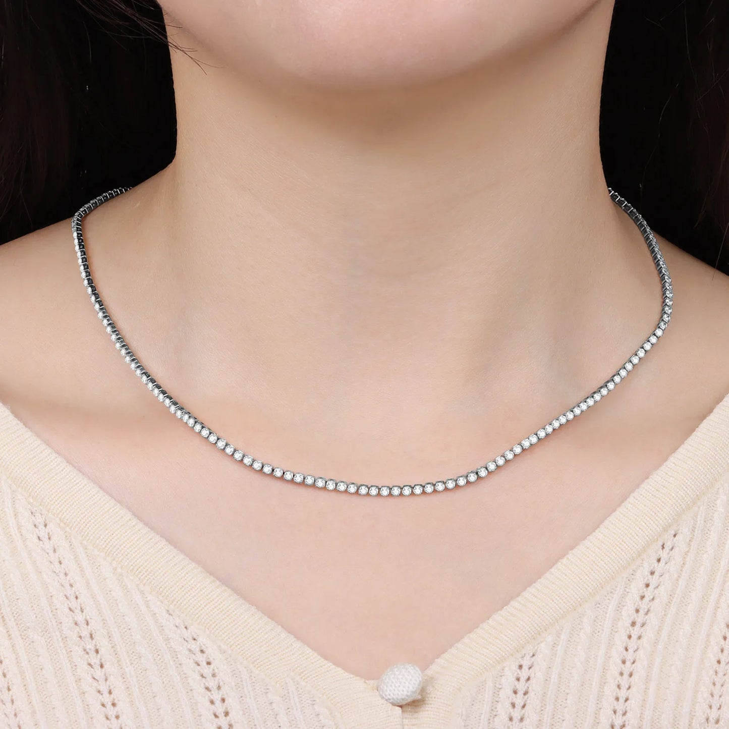 MISEFF S925 Sterling Silver Necklace 2mm & 3mm Cubic Zirconia Tennis Chain Necklace for Women Exquisite Jewelry Birthday Gift