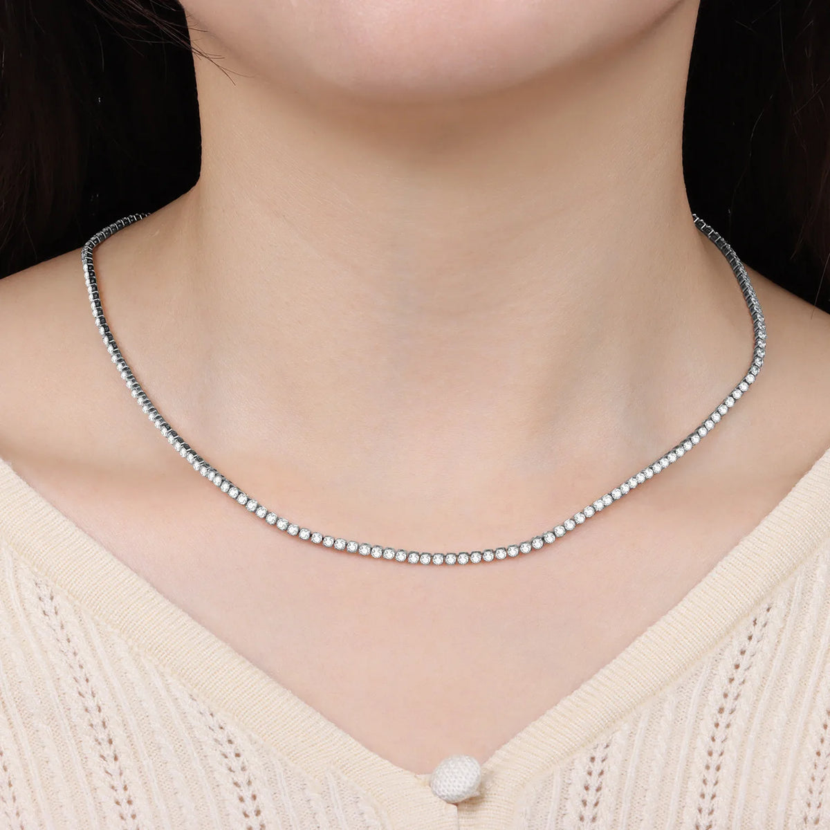 MISEFF S925 Sterling Silver Necklace 2mm & 3mm Cubic Zirconia Tennis Chain Necklace for Women Exquisite Jewelry Birthday Gift