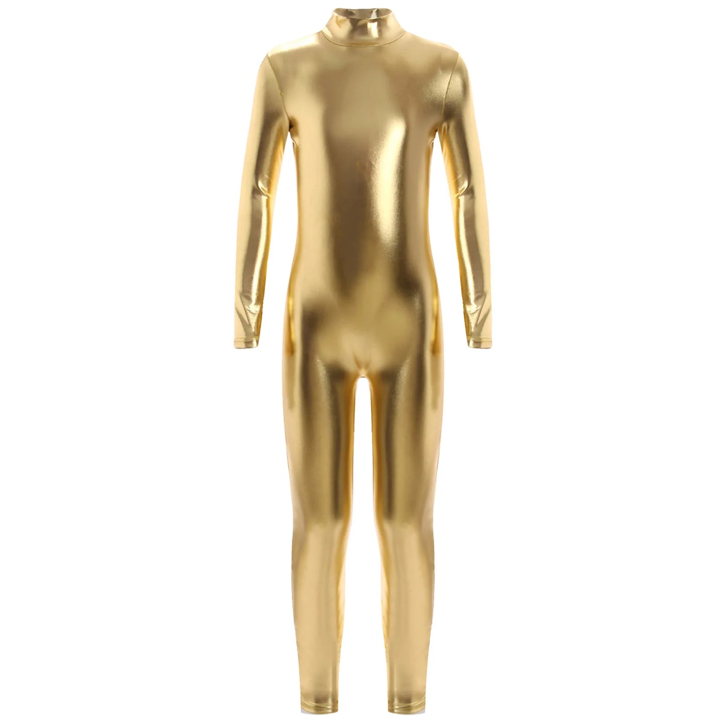 Kids Boys Girls Dance Metallic Jumpsuit Children's Gymnastics Bodysuit Performance Costume Long Sleeve Full Length Leotard