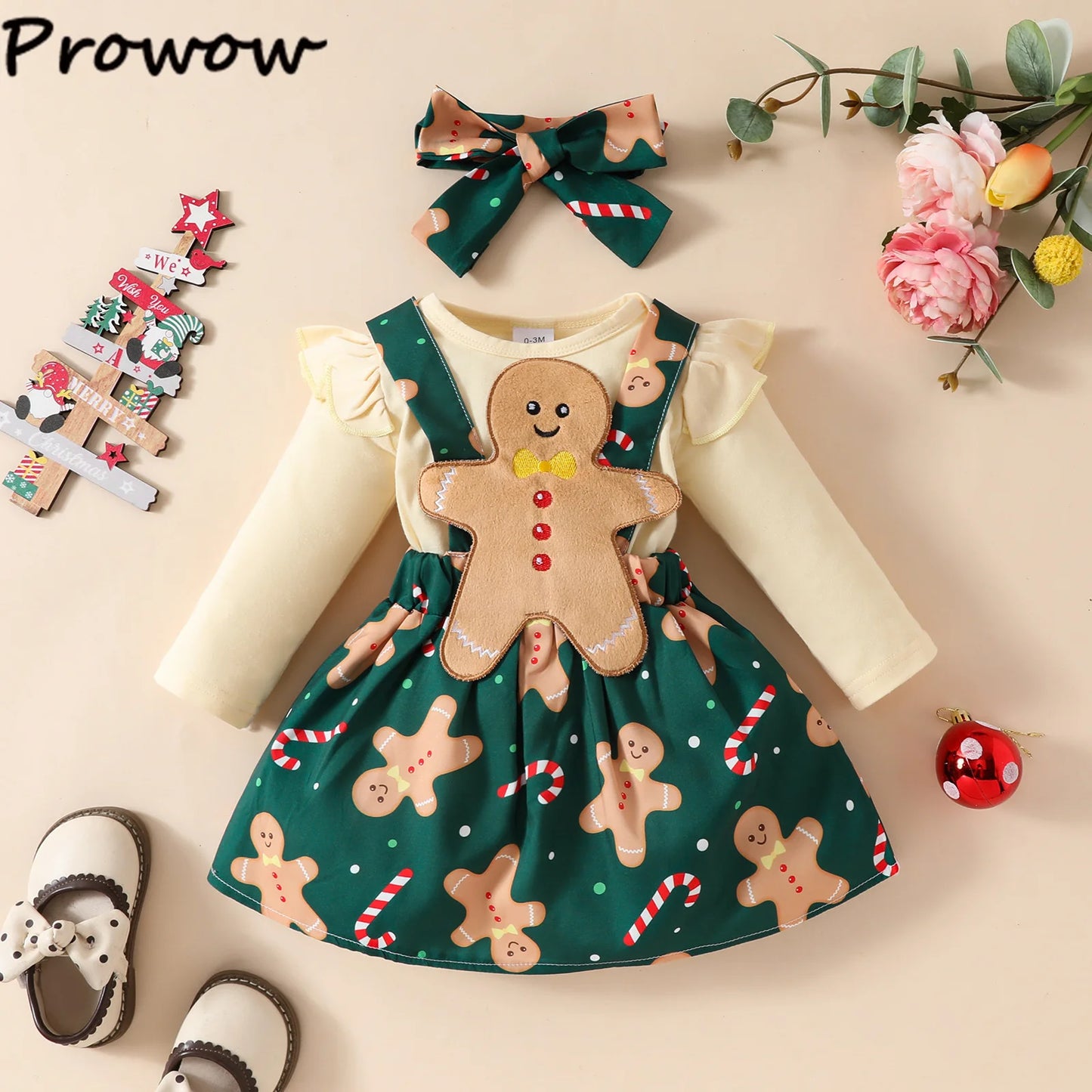 Prowow Baby Girls Christmas Outfits Set Red Bodysuit+Plaid Deer Suspender Dress Set 3pcs My First New Year Costume For Baby 2026