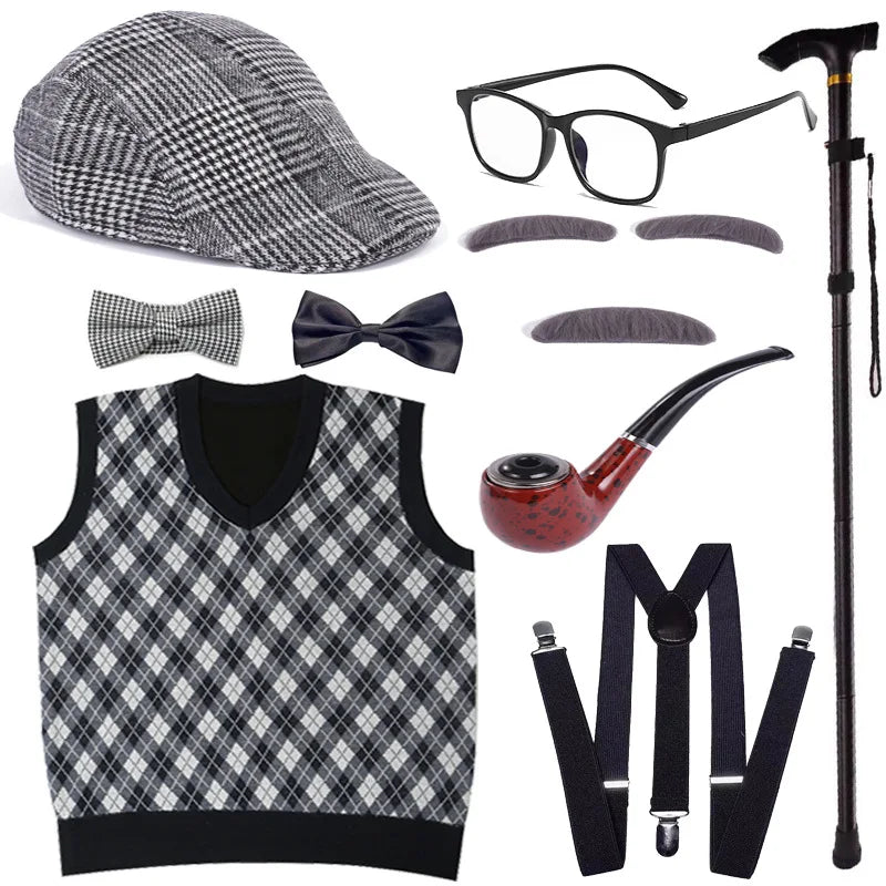 Halloween Costumes 100 Days of School Old Man Costume Accessories Grandpa Cosplay Outfit with Hat Vest Bow Tie Suspenders Glass