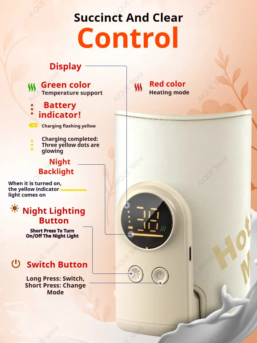 AiQUE Baby Milk Warmer USB Charging Mixer Portable Baby Bottle Warmer Stainless Steel ABS  Heat Up to 55℃ Cordless for Travel