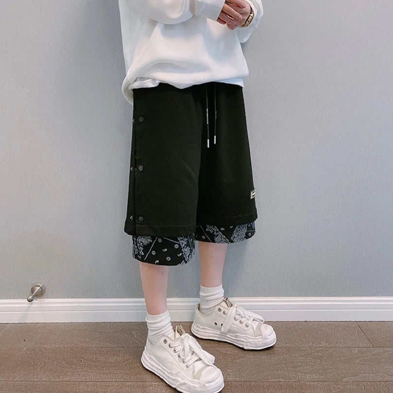 Men's Faux 2 Layer Breasted Bandana Shorts Spring Summer High Street Pants Oversize Paisley Harajuku Hip Hop Trousers 2025 Z1