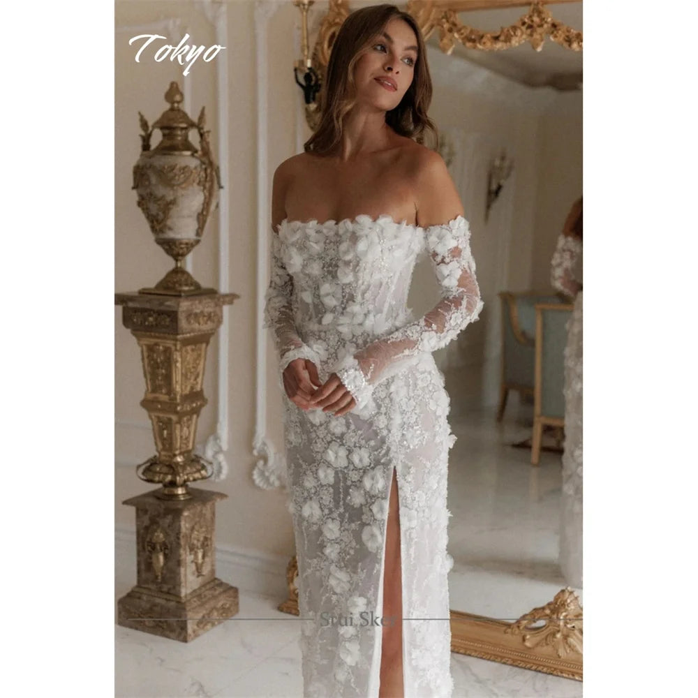 Tokyo Customized White Off the Shoulder Wedding Dress Long Sleeve Side High Split Lace-Up Bridal Gown Floor-Length Wedding Gown
