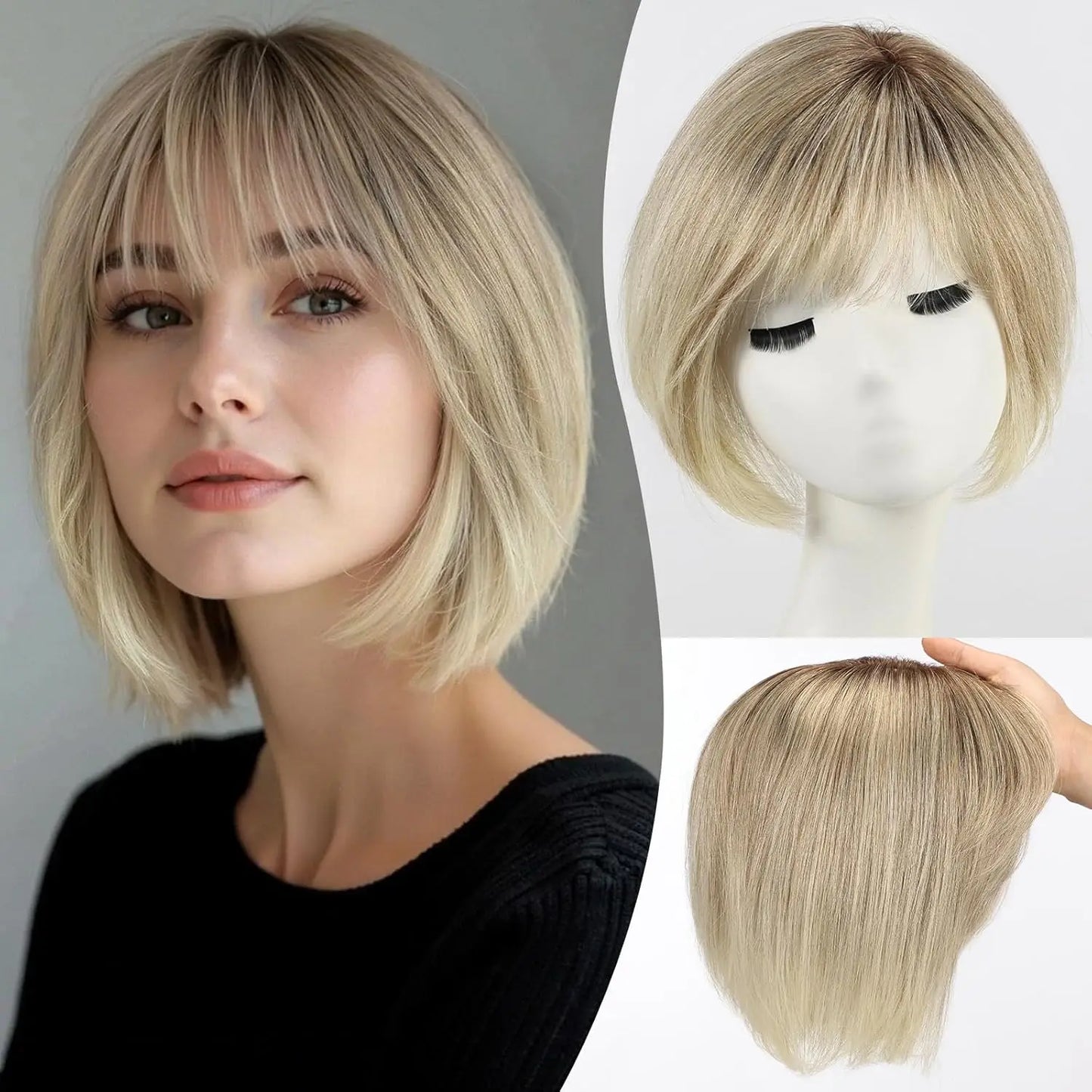 Ombre Gray Blonde Real Human Hair Toppers 6.5*6.5inch Large Base 4Clips Topper 10inch Hair Topper for Women with Bangs Side Part