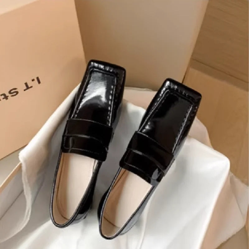 Womens Red Shoes Spring Autumn Basic Pumps Block Heel Dress Loafers French Slip On Square Toe Cow Leather Dress Footwear Size 43