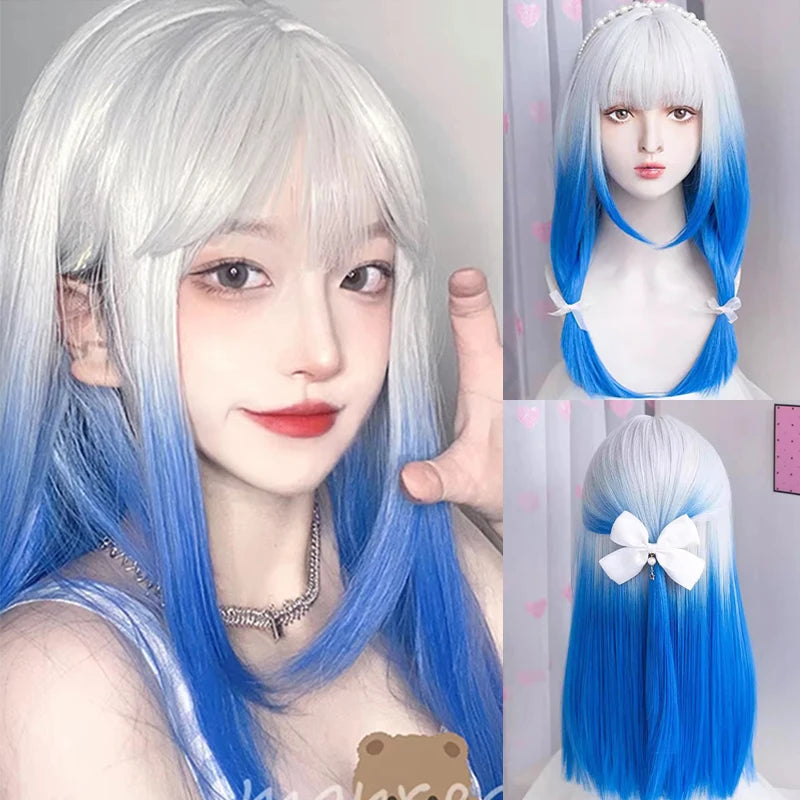 Ombre Pink Brown Wig for Women Cute Lolita Hair Wig with Bangs High Temperature Fibers Synthetic Wigs Headband Wigs for Cosplay