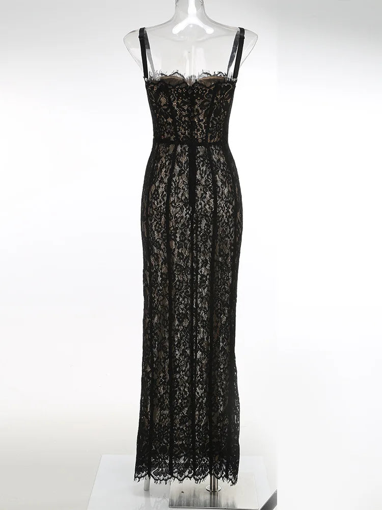 Women’s Cocktail Dress Sexy Lace Hollow Out Transparent Sleeveless Slim Fit Maxi Party Club Evening Gown White Long Dresses