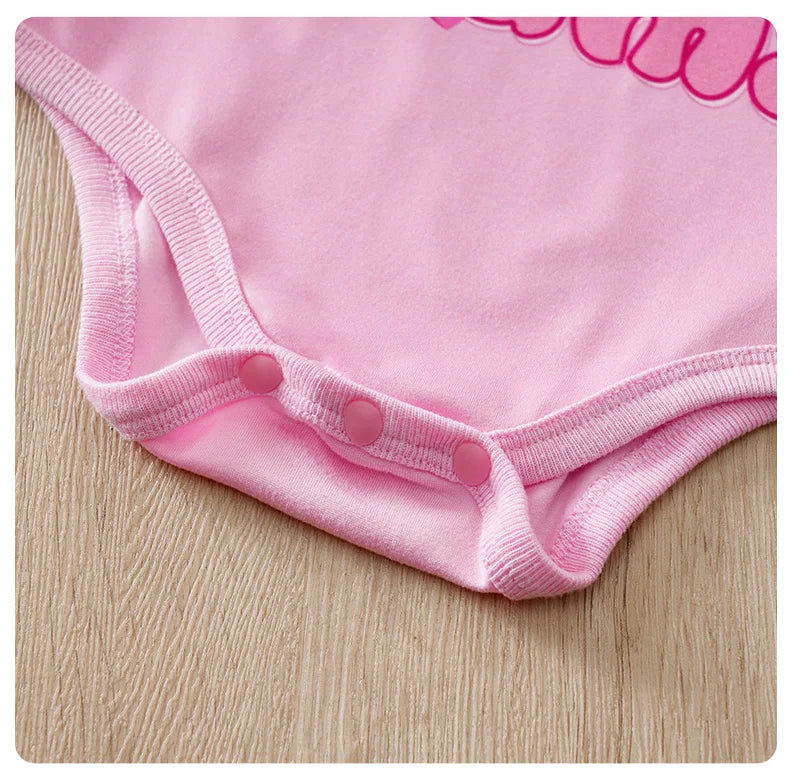 Mother's Day Themed Baby Short-Sleeved 3-Piece Set for Girls (0-18 Months), Pink Hearts and Bow Design