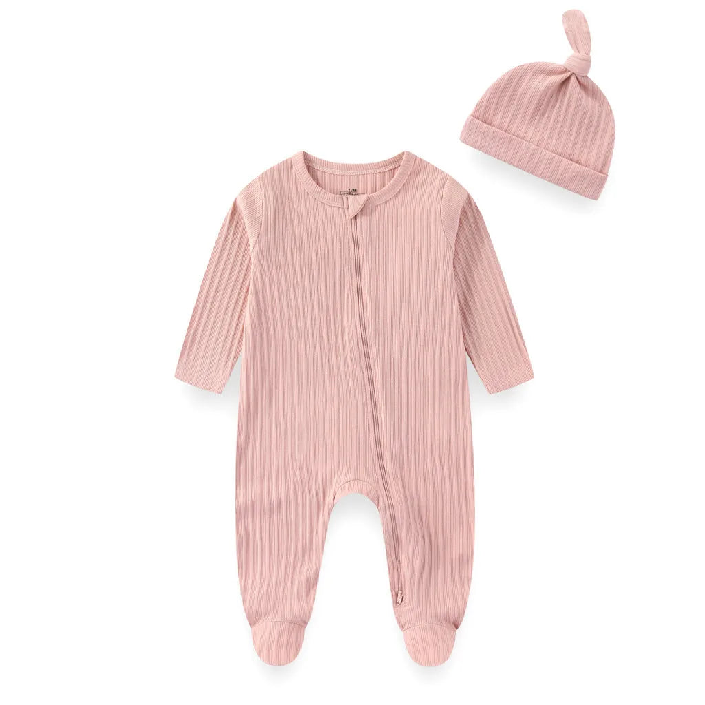 2 Pieces Solid Color Romper+Hat 2-way Zipper Cotton Baby Girl Clothes 0-12M Spring Newborn Baby Boy Clothes Sets Winter