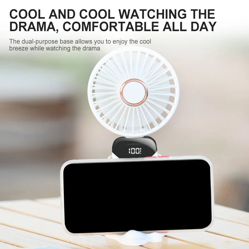 Handheld Mini Electric Fan Foldable Portable Neck Hanging Fans 5 Speed USB Rechargeable Fan With LED Display Screen Phone Stand