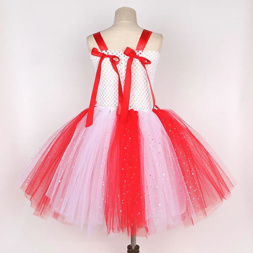 Sparkly Christmas Candy Costumes for Girls White Red Xmas Party Dresses with Bow Socks Kids New Year Tutu Outfit Holiday Clothes