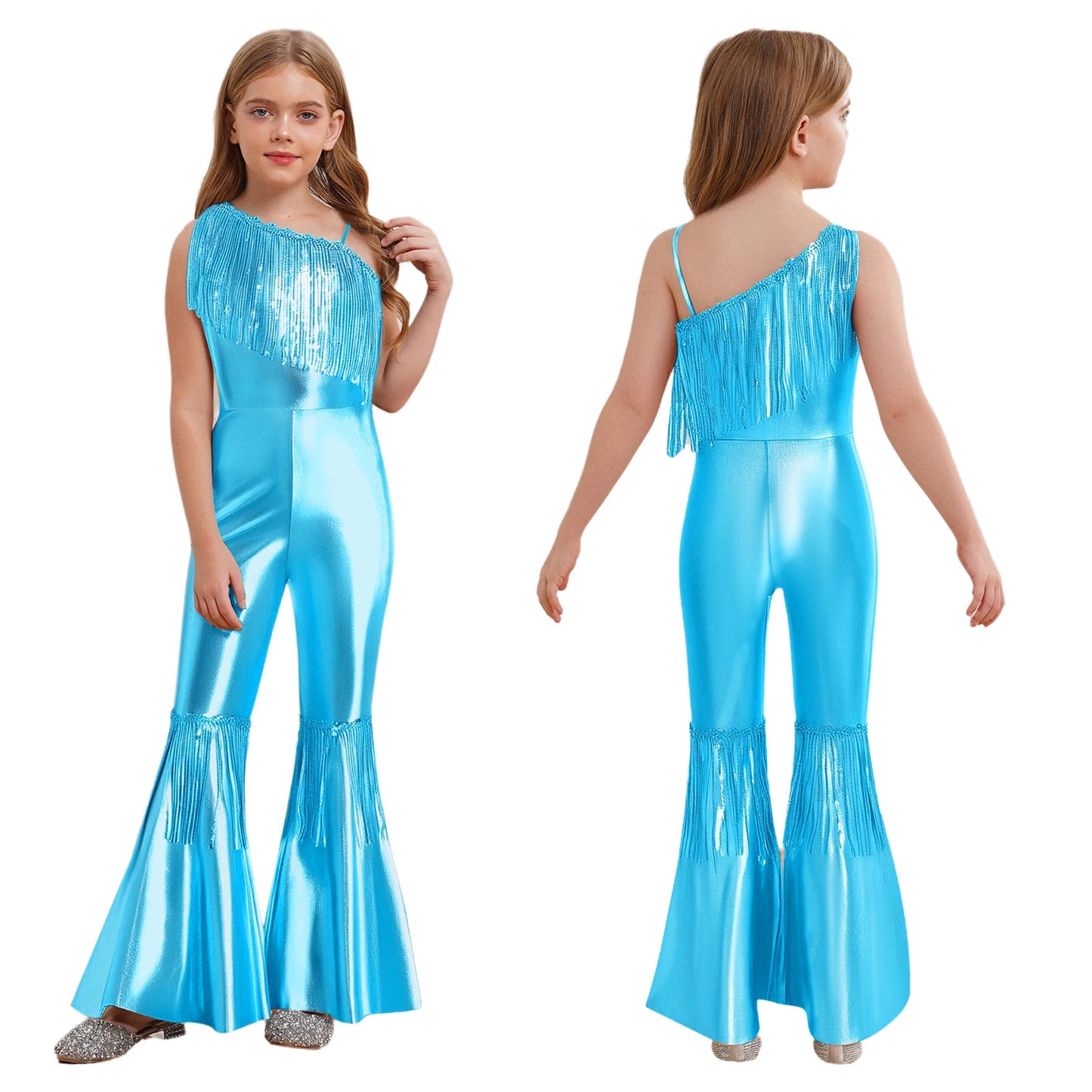 Halloween Kids Girls Hippie Costume Tassels Unitard Bell-bottom Long Pants Bodysuit Jumpsuit for Disco Dance 60s 70s Rave Party