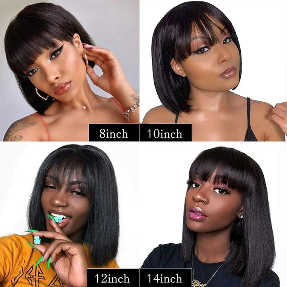100% Human Hair Wig With Bangs Brazilian Straight Bangs Bob Wigs Full Machine Made Wig For Women Short Bob Wigs 8-16Inch