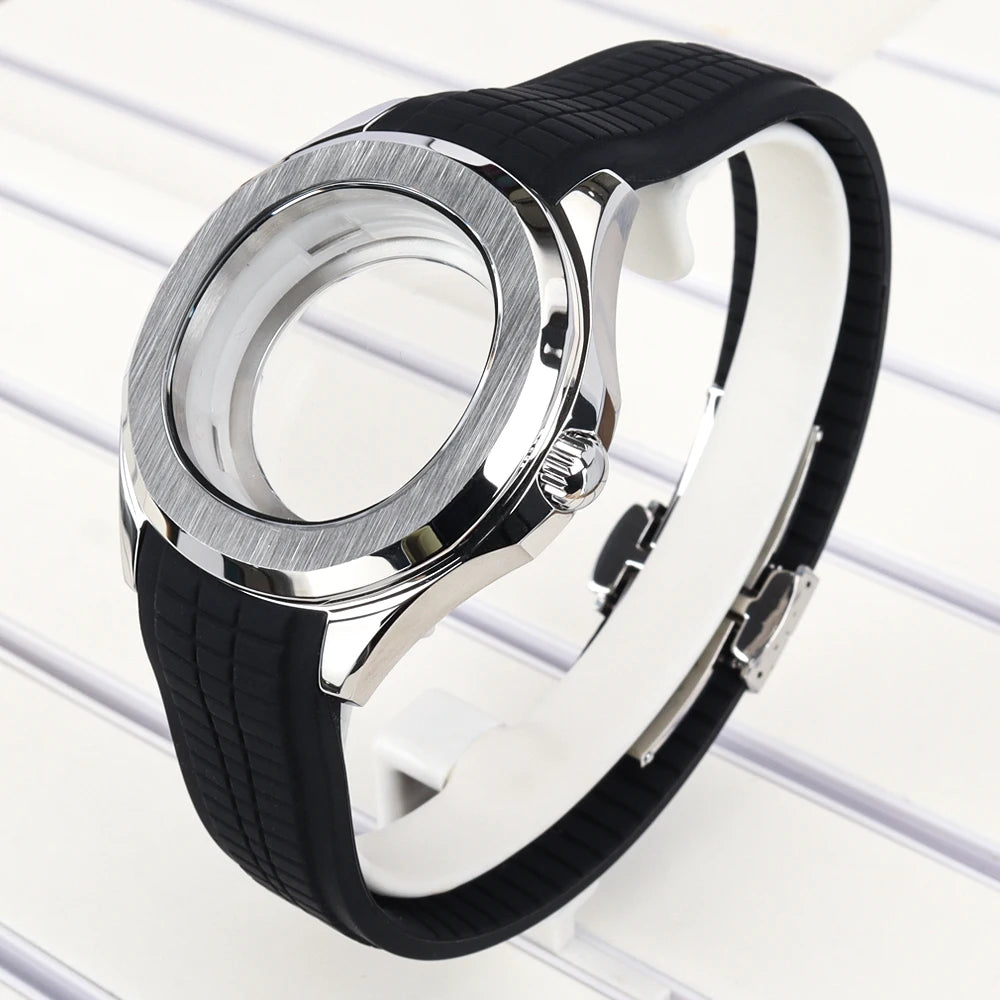 42mm Silver NH35 Watch Case Polished Brushed Black strap SapphireGlass For Nautilus AQUANAUT Cases Part NH35 NH36 NH38 32mm Dial