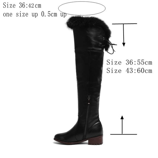 SIMLOVEYO Snow Boots fur Women Leather Boots Med Block Heels Over The Knee Boots Lady Shoes Bota Feminina Size 44 46